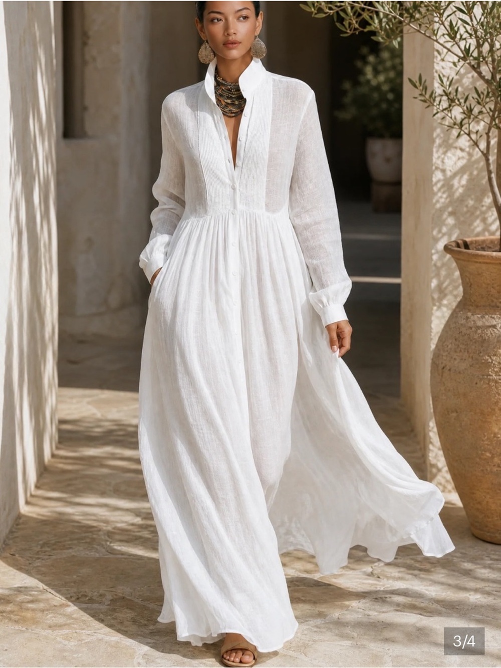 Elegant White Button-Front Long Sleeve Midi Dress